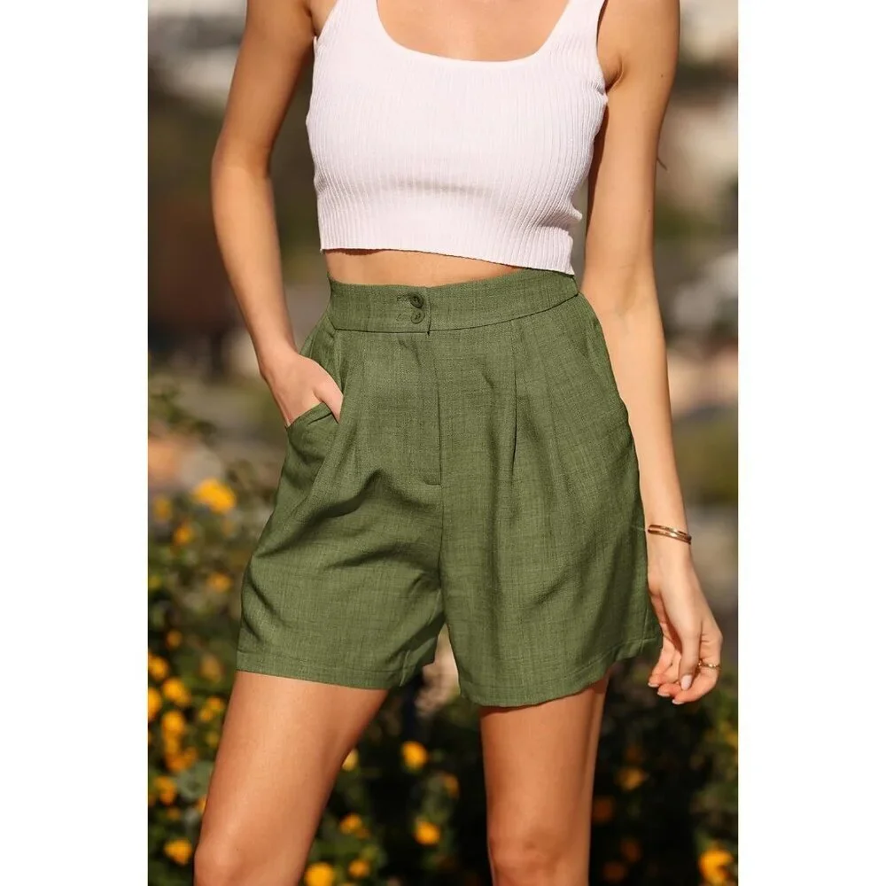 Women's Army Green Wide Leg Summer High Waisted Tailored Pleated Business Shorts - Picture 4 of 6